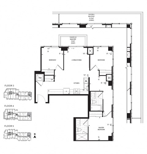 Floor plan for 3 beds, 2 baths, 941 sqft